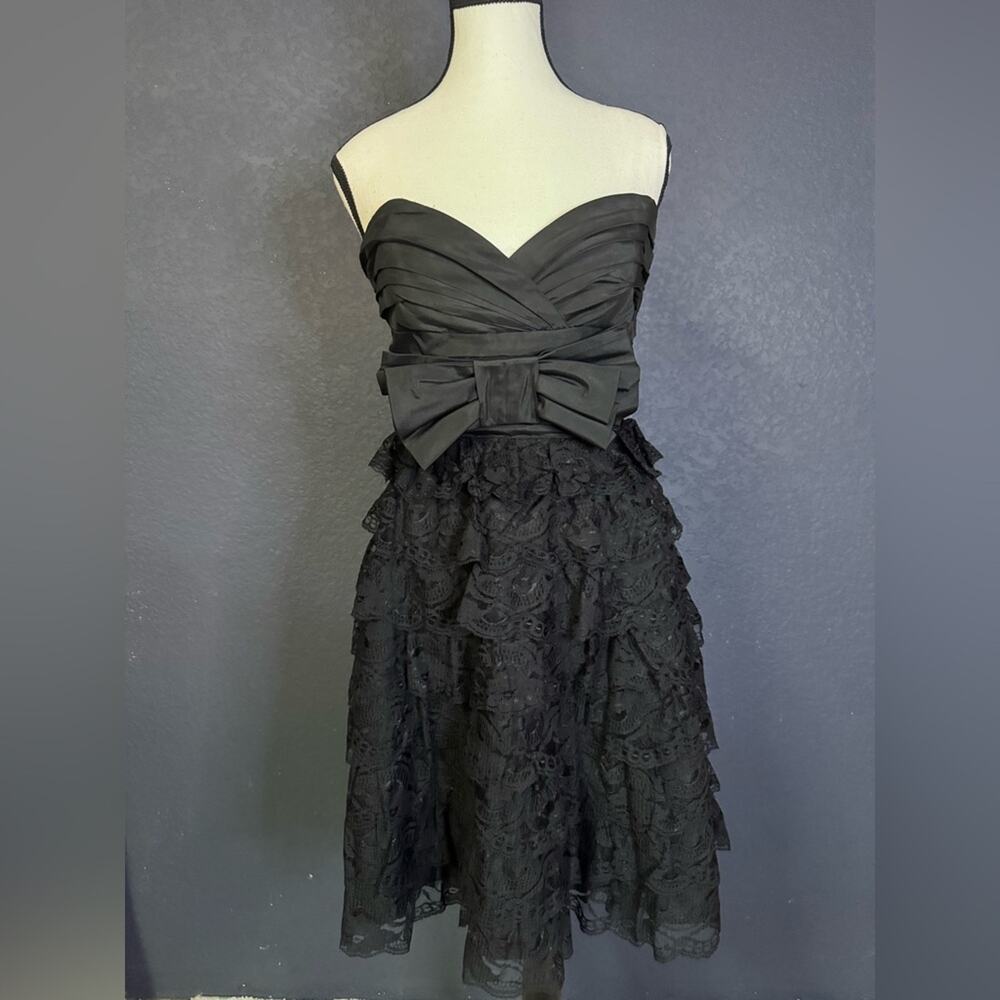 Betsey Johnson Evening Black Strapless Dress with Bow & Lace | Size 10
